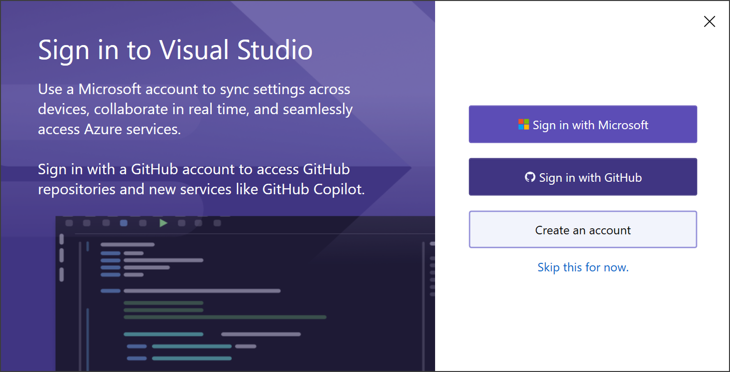 Snímek obrazovky s dialogovým oknem pro přihlášení při prvním spuštění v integrovaném vývojovém prostředí sady Visual Studio