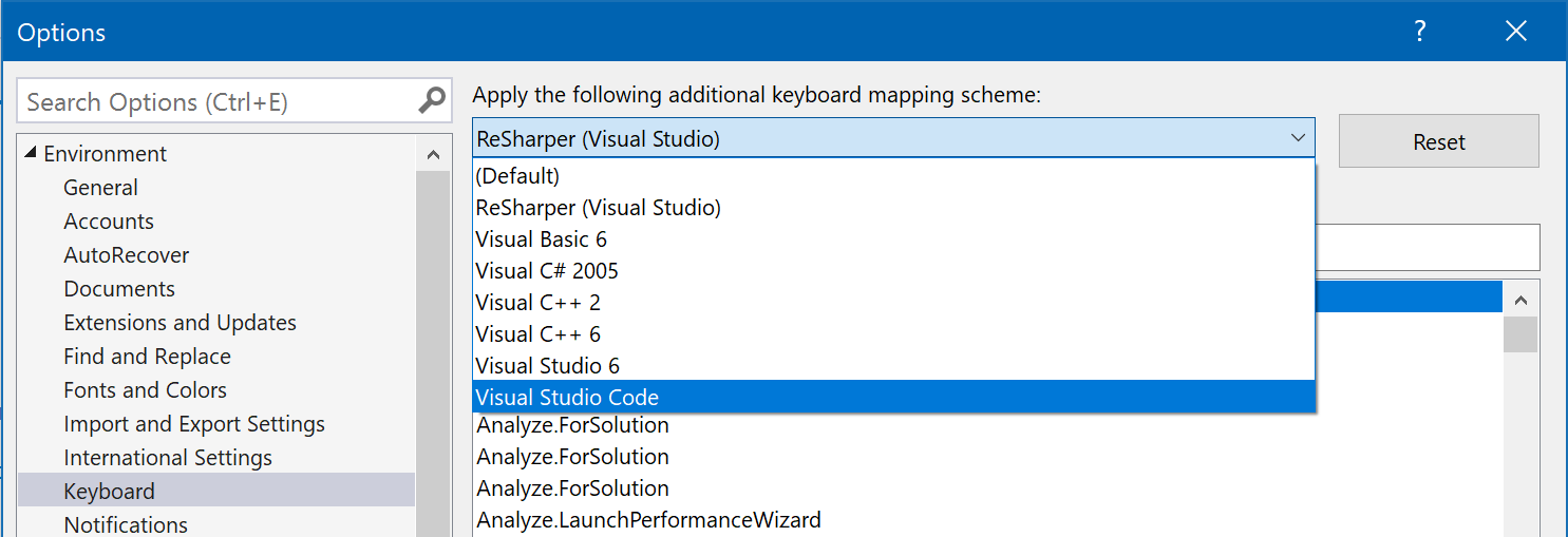 Rozložení kláves v sadě Visual Studio