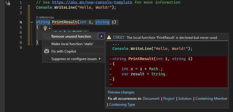 Snímek obrazovky znázorňující podrobnosti o doporučení rychlé akce s ikonou žárovky v sadě Visual Studio