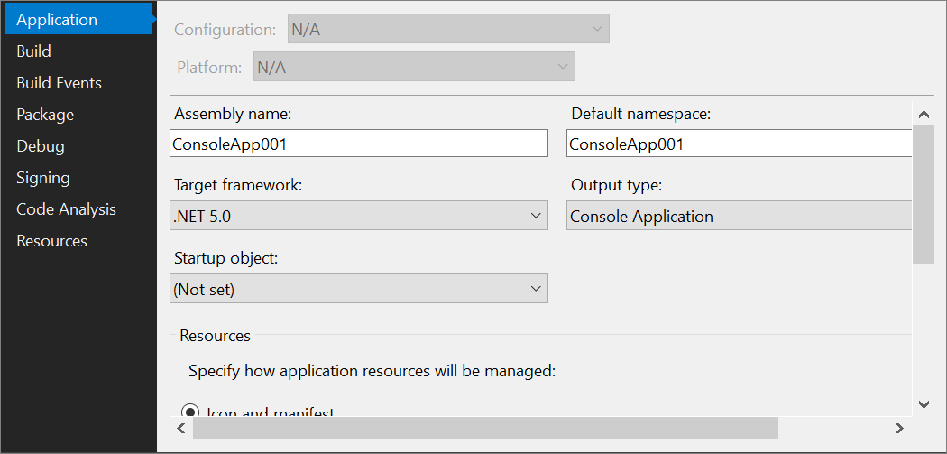 snímek obrazovky návrháře projektu v sadě Visual Studio 2019 s .NET jako cílovou architekturou.