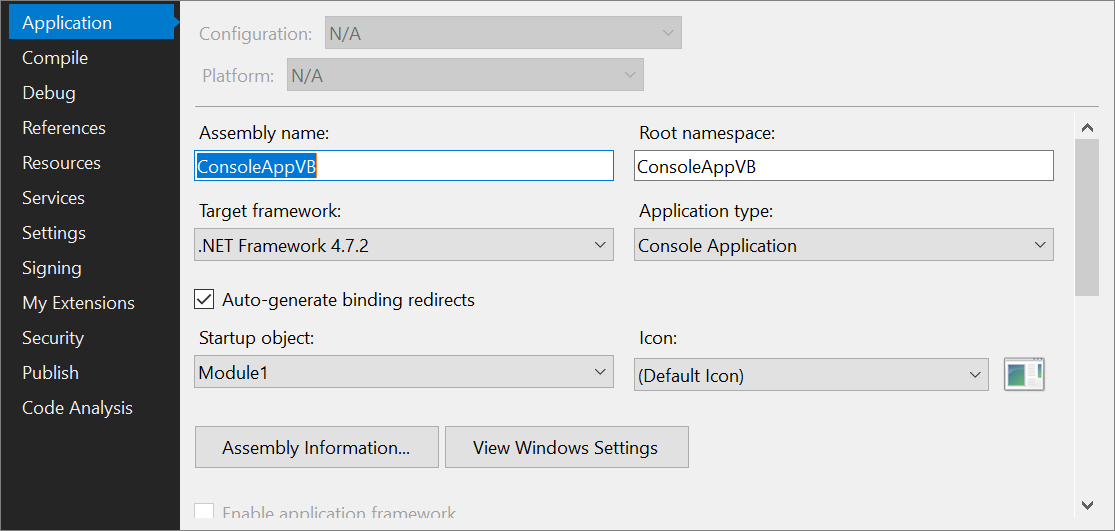 snímek obrazovky návrháře projektu v sadě Visual Studio 2019 s rozhraním .NET Framework jako cílovou architekturou.