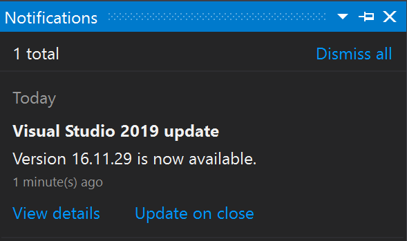 Snímek obrazovky s centrem oznámení v sadě Visual Studio 2019