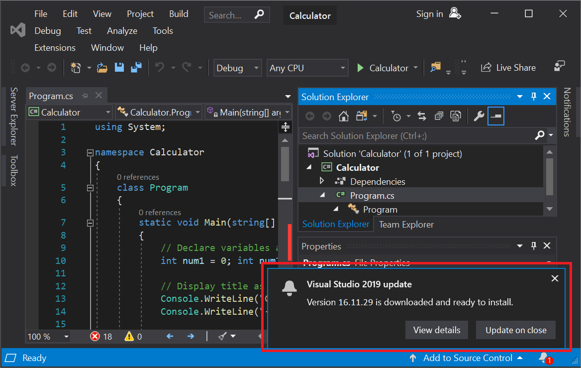 Snímek obrazovky zobrazující zprávu aktualizace sady Visual Studio 2019 v integrovaném vývojovém prostředí