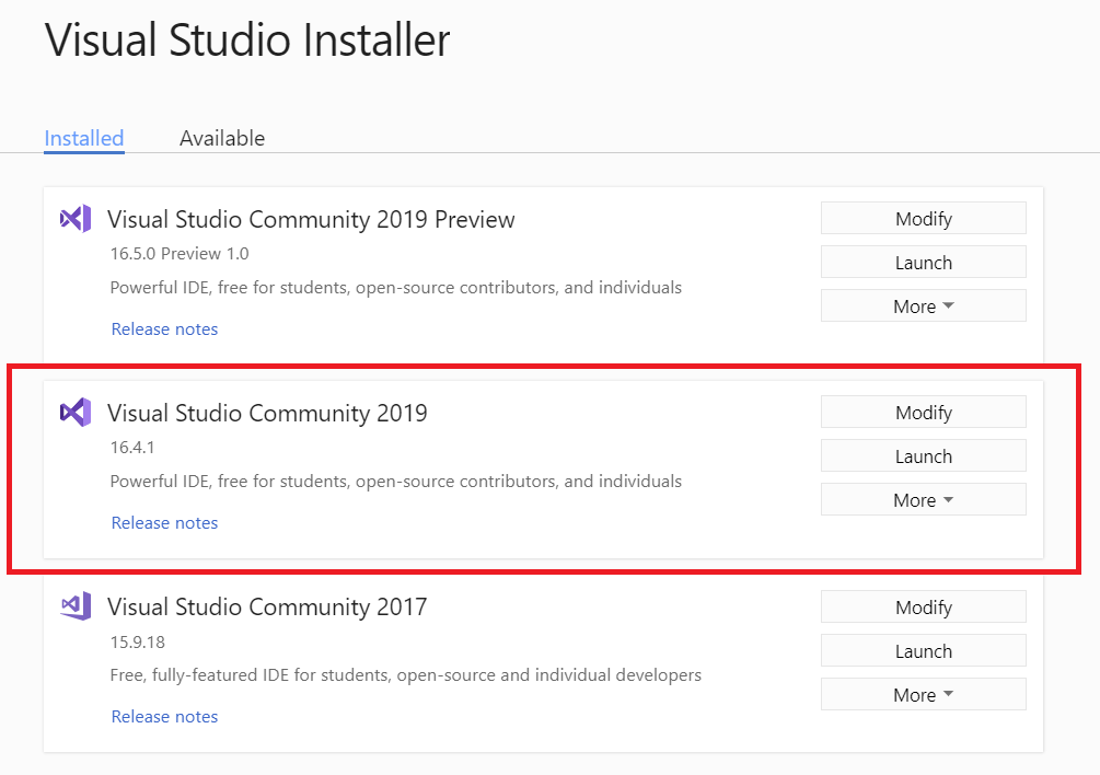 Snímek obrazovky se seznamem instalací sady Visual Studio v Instalační program pro Visual Studio