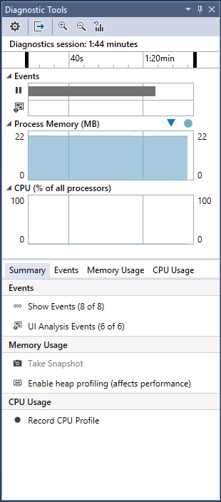 snímek obrazovky okna Diagnostické nástroje v ladicím programu sady Visual Studio zobrazující časovou osu událostí a grafy pro využití paměti a procesoru