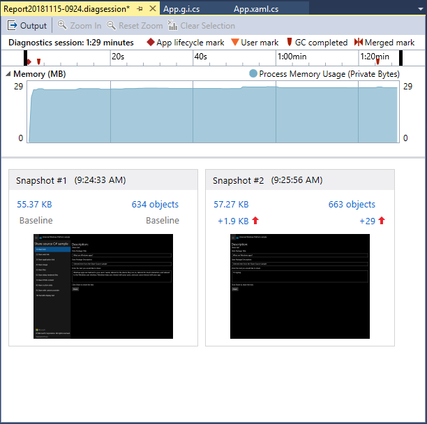 Snímek obrazovky stránky přehledu v nástroji Využití paměti v profileru výkonu sady Visual Studio, který zobrazuje graf využití paměti a dvě podokna snímků.