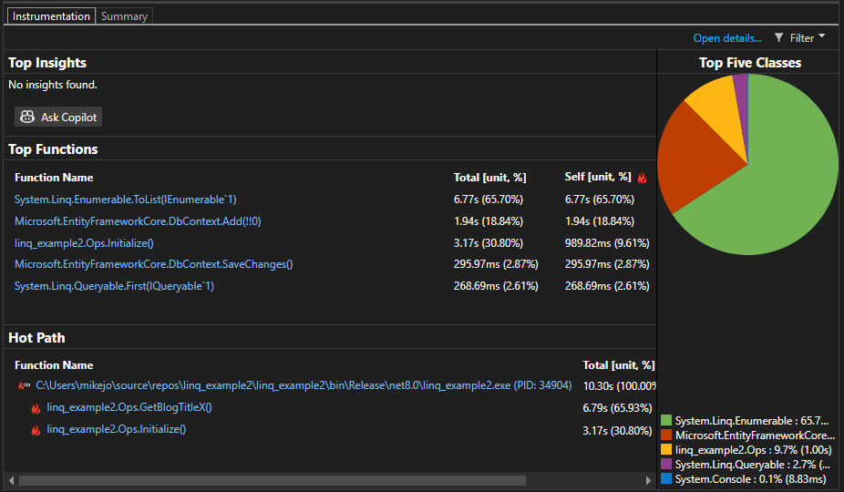 Snímek obrazovky zobrazující .NET data instrumentace