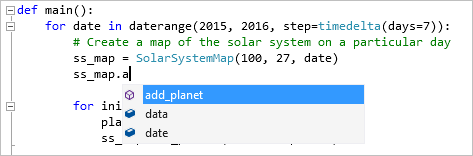 Snímek obrazovky v sadě Visual Studio, který zobrazuje dokončování kódu v Pythonu.