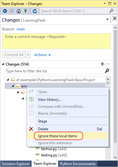 Ignoring a virtual environment in source control changes