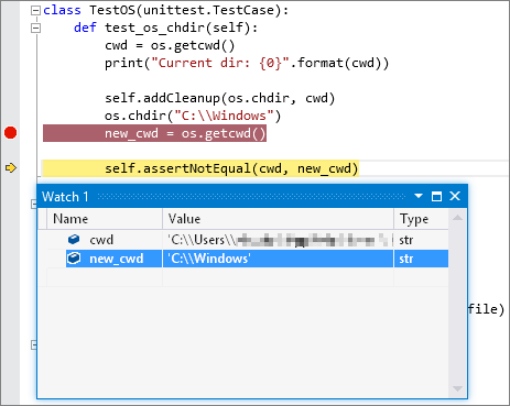 Snímek obrazovky znázorňující výstup ladění pro test jednotek Pythonu v sadě Visual Studio