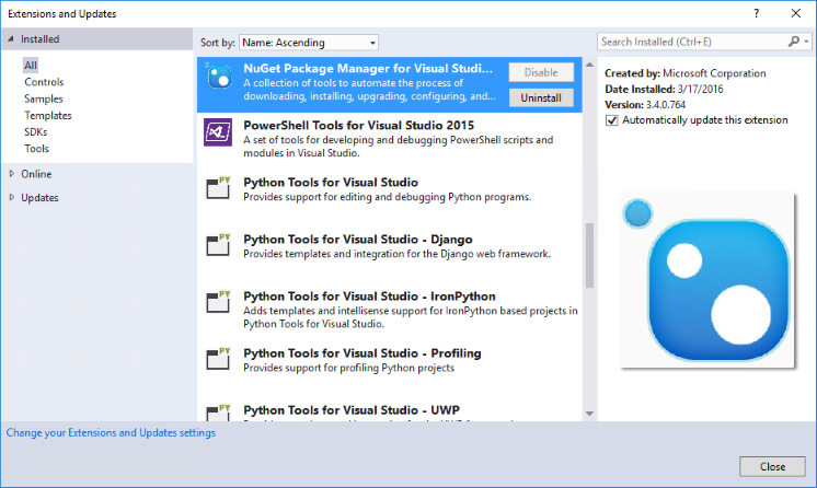 Automatická aktualizace rozšíření v integrovaném vývojovém prostředí sady Visual Studio