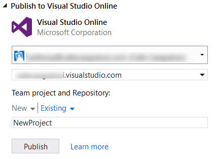 Dialogové okno Publikovat v sadě Visual Studio Online