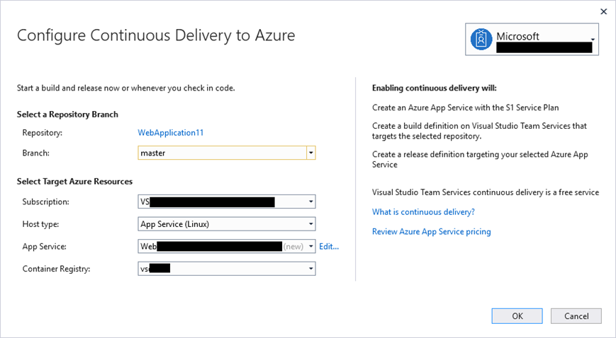 Dialogové okno Konfigurace průběžného doručování do Azure pro App Service v Linuxu