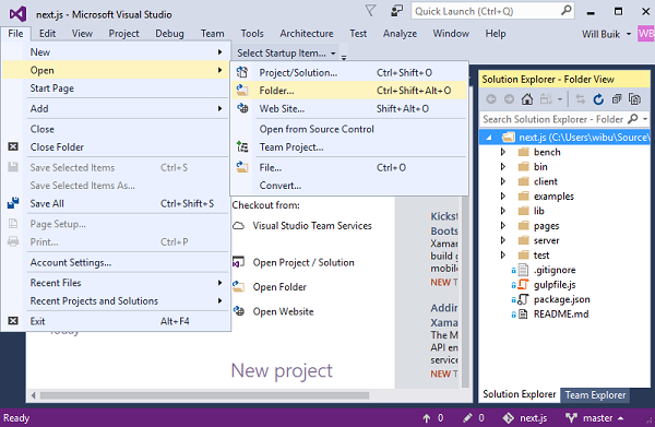 Nová funkce Otevřít složku v integrovaném vývojovém prostředí sady Visual Studio