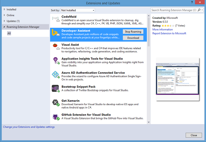 Nový Správce rozšíření pro roaming v integrovaném vývojovém prostředí sady Visual Studio