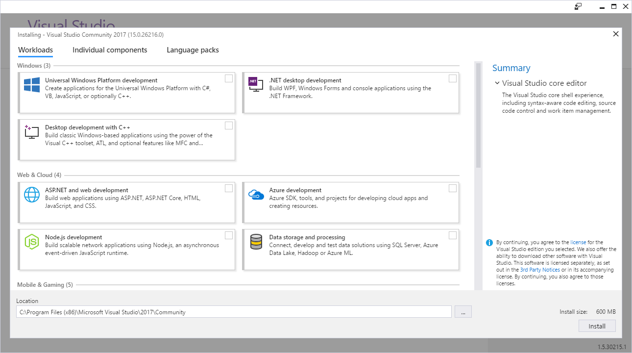 Nové prostředí instalace v sadě Visual Studio 2017