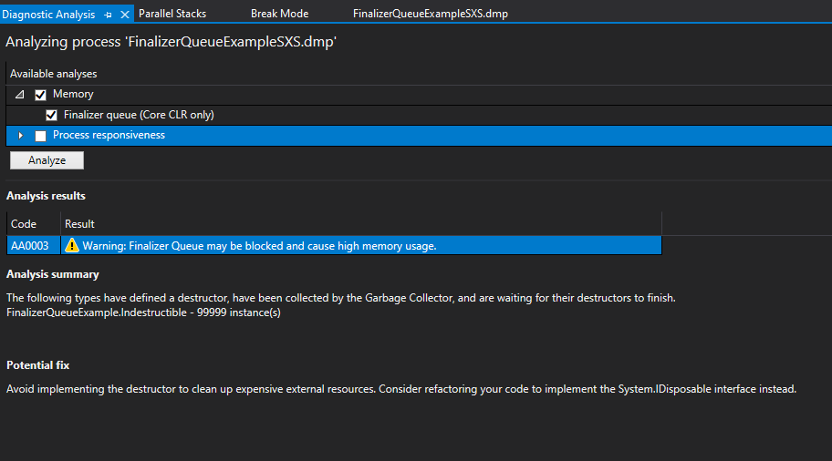 Automatický analyzátor, který kontroluje frontu finalizátoru .NET Core