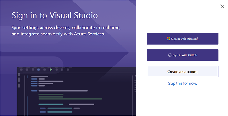 Přihlášení ke GitHubu z dialogového okna prvního spuštění sady Visual Studio