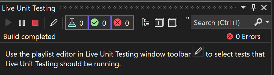 Stavový řádek Live Unit Testing