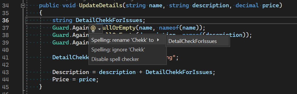 Editor sady Visual Studio ukazuje, že identifikátor DetailChekkForIssues obsahuje chybně napsané slovo a poskytuje alternativní pravopis pro 