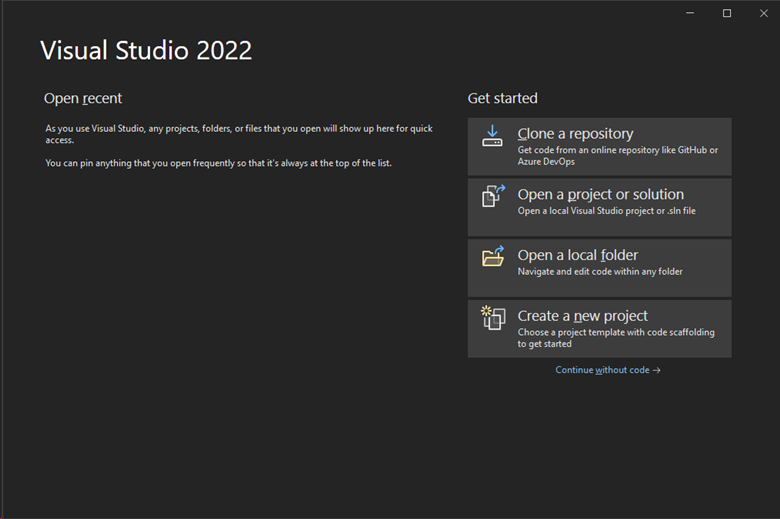 Snímek obrazovky s možnostmi, jak začít používat nově nainstalovanou sadu Visual Studio