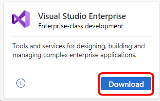 Snímek obrazovky s dlaždicí Visual Studio Enterprise a doprovodným tlačítkem Stáhnout