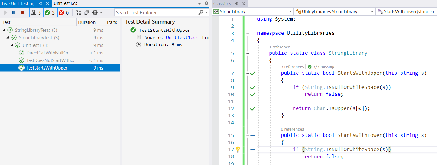 Okno Live Test Exploreru a editoru kódu po spuštění live unit testing