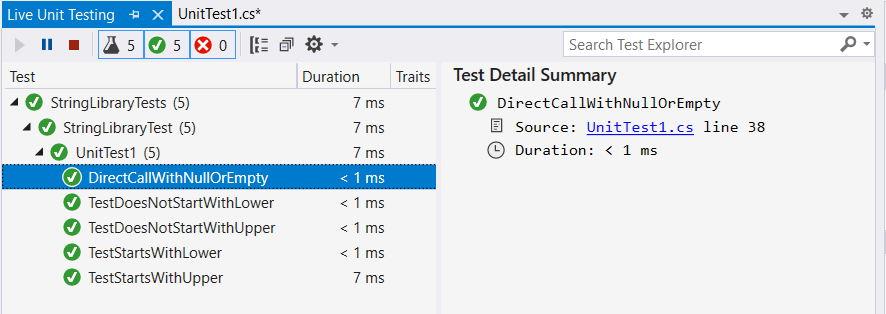 Live Test Explorer po rozbalení pokrytí testu