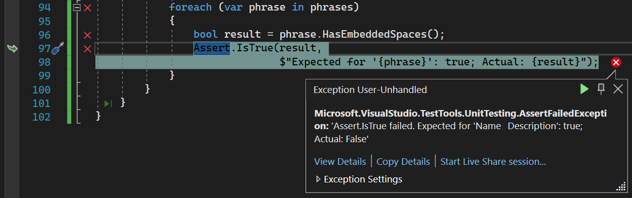 dialogové okno výjimky „Live Unit Testing“