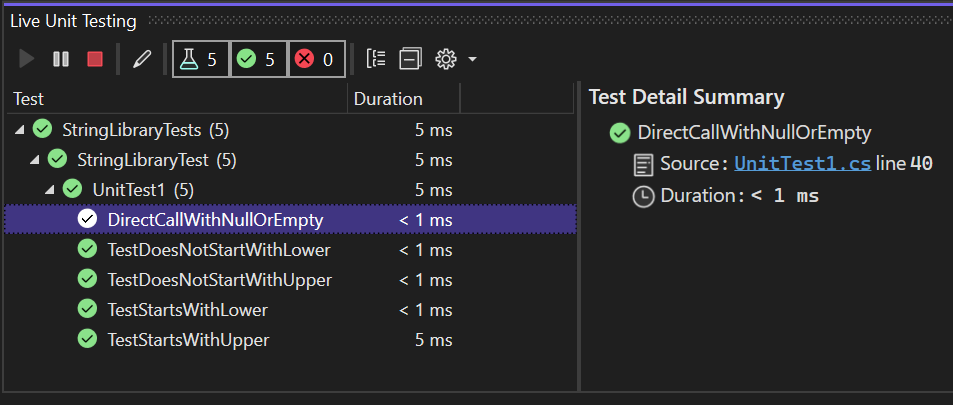 Live Test Explorer po rozbalení pokrytí testu