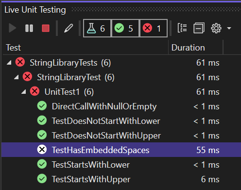 Live Test Explorer hlásí neúspěšný test.