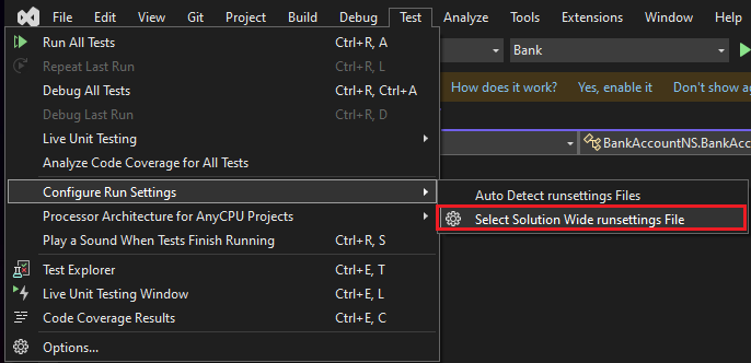 Výběr nabídky souboru runsettings v celém testovacím řešení v sadě Visual Studio