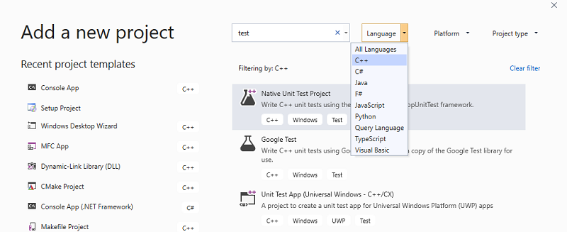 Snímek obrazovky ukazuje okno Přidat nový projekt s vybranou možností C++ v sadě Visual Studio 2019.