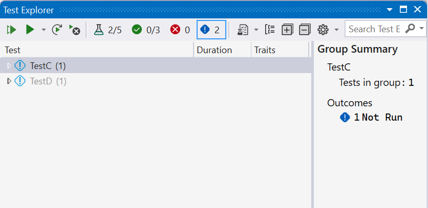 snímek obrazovky ukazuje Průzkumníka testů před spuštěním testů v sadě Visual Studio 2019.