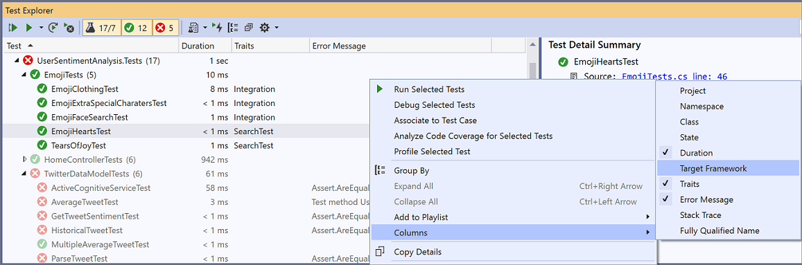 snímek obrazovky Průzkumníka testů sady Visual Studio, který zobrazuje nabídku s vybranými sloupci a podnabídkou s vybranou možností Doba trvání, Vlastnosti a Chybová zpráva