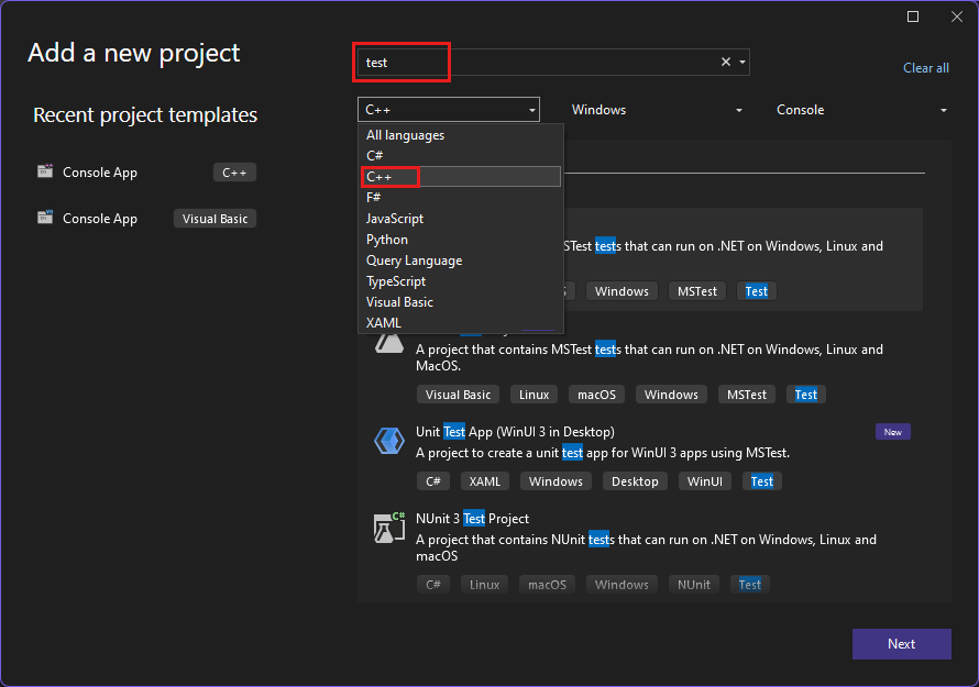 Snímek obrazovky ukazuje okno Přidat nový projekt s vybranou možností C++ v sadě Visual Studio 2022.