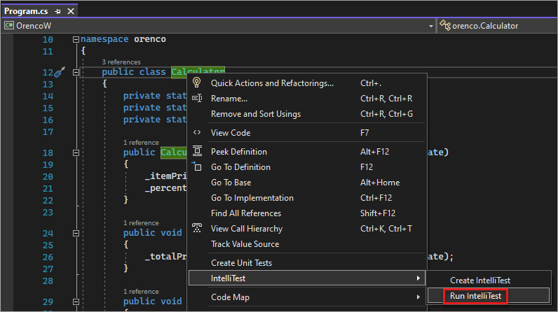 Screenshot of right click on method to generate unit tests.