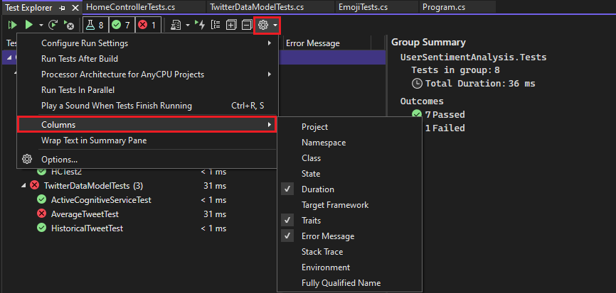 snímek obrazovky Průzkumníka testů sady Visual Studio, který zobrazuje nabídku s vybranými sloupci a podnabídkou s vybranou možností Doba trvání, Vlastnosti a Chybová zpráva