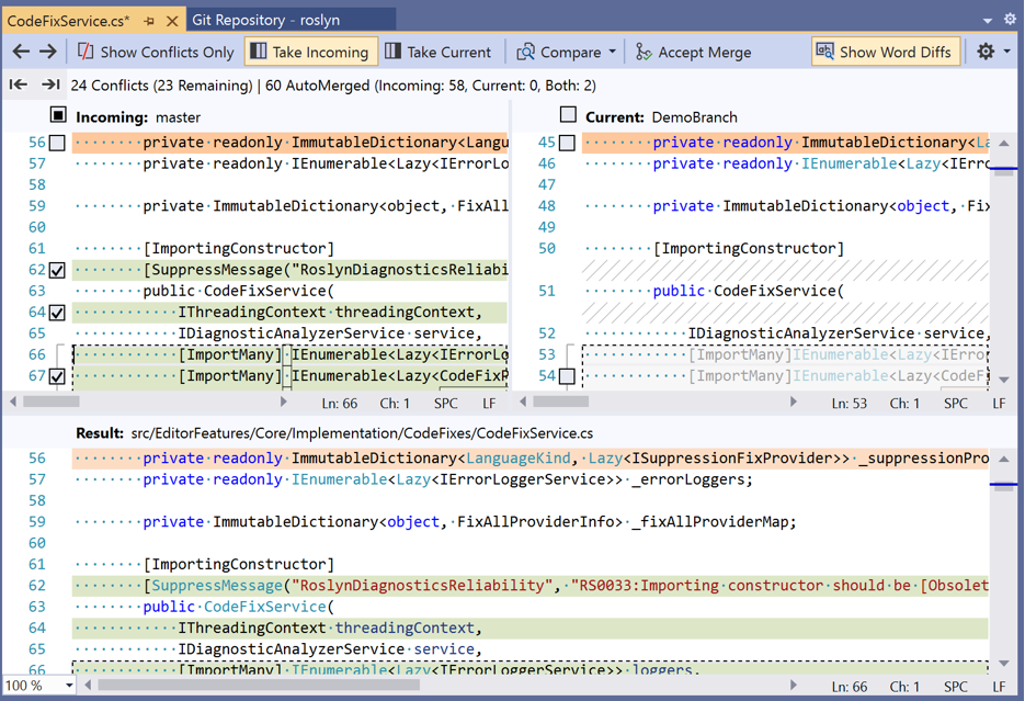 Editor sloučení v sadě Visual Studio 