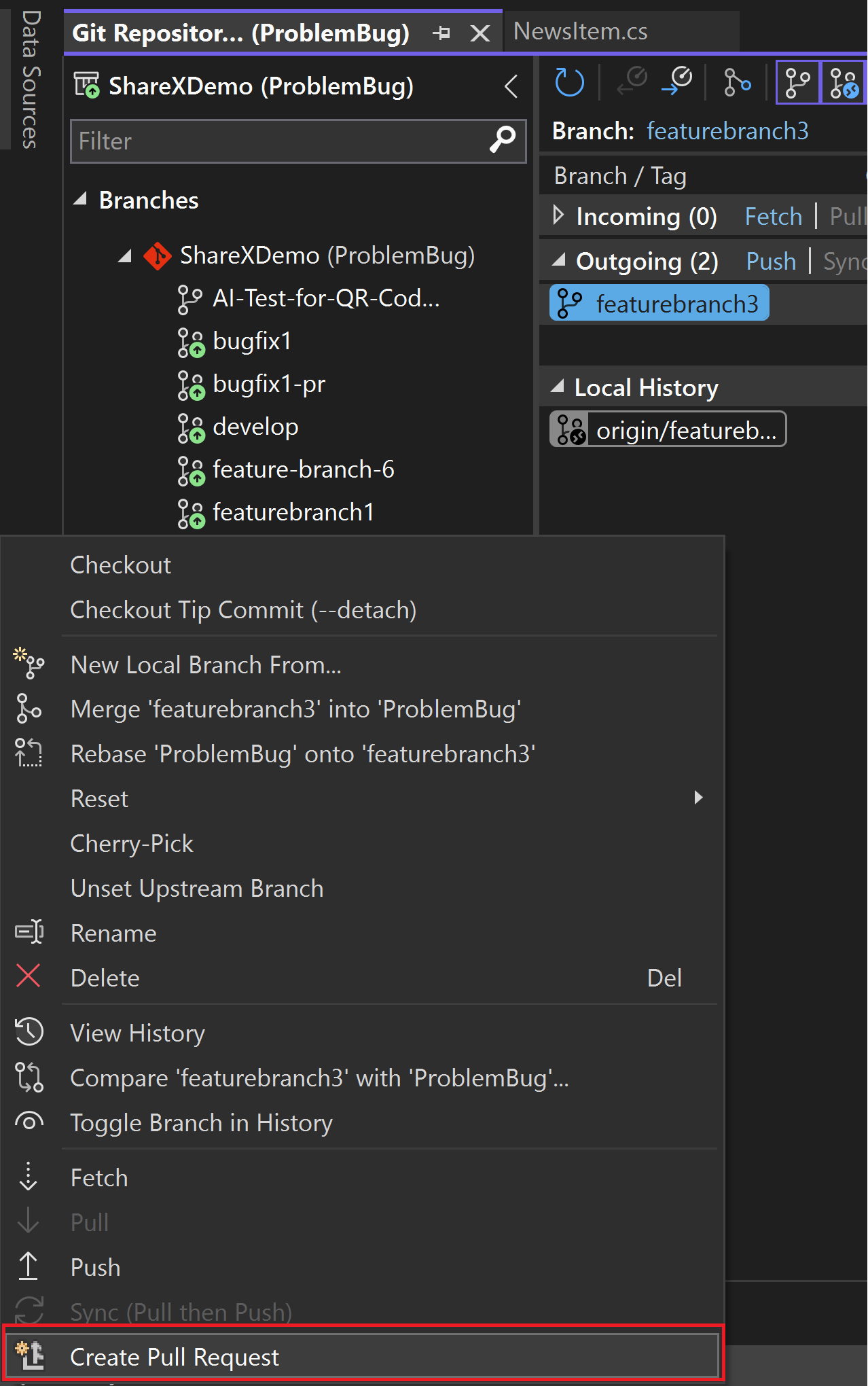 Okno Úložiště Git se zvýrazněným textem odchozího nebo příchozího odkazu v sadě Visual Studio 2022