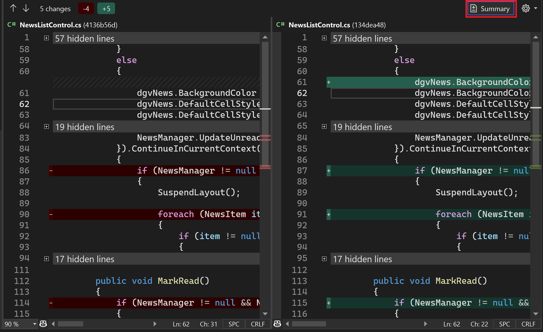 Okno Nová žádost o přijetí změn se zvýrazněným textem souhrnného tlačítka v sadě Visual Studio 2022