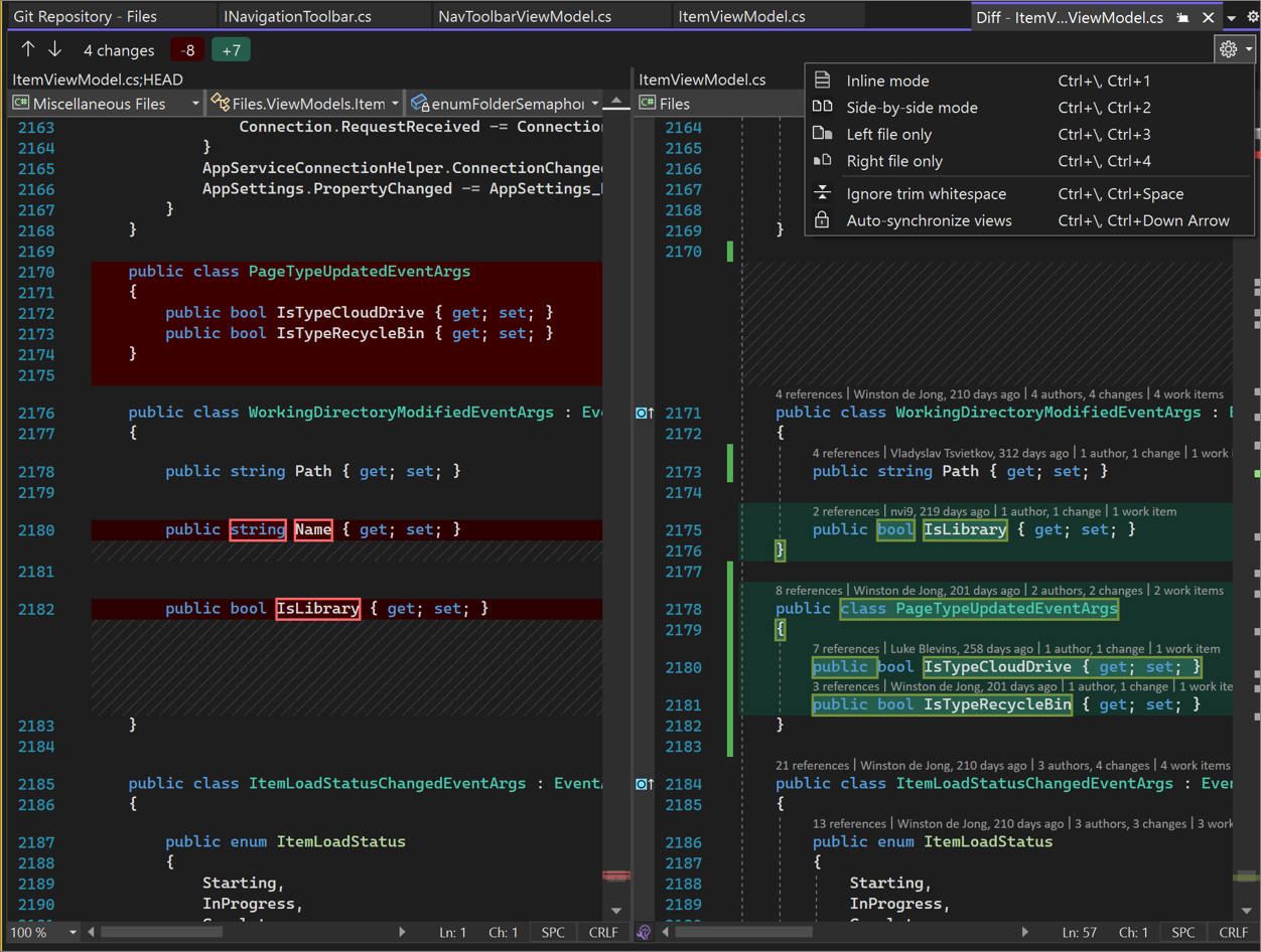 Porovnání verzí souborů v sadě Visual Studio 2022 po řádech