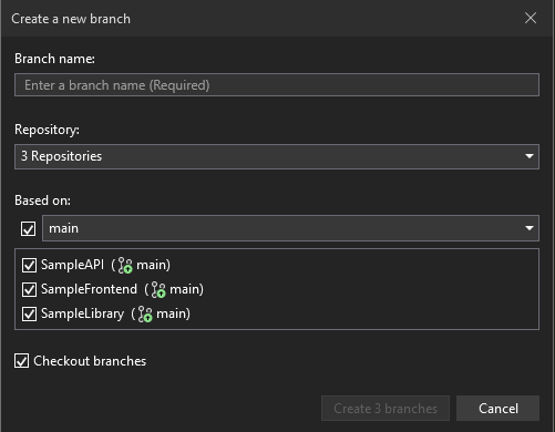 Snímek obrazovky s dialogovým oknem Vytvořit novou větev v sadě Visual Studio