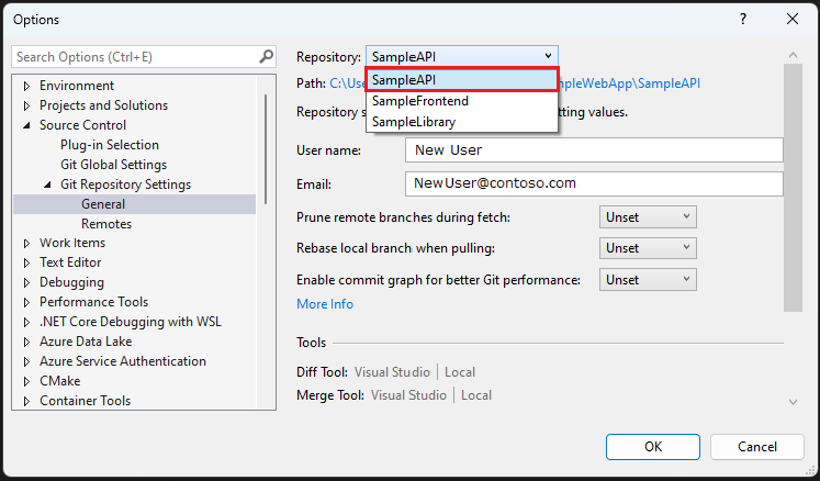 Snímek obrazovky s možností úložiště Git Nastavení v sadě Visual Studio