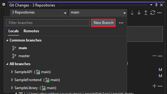 Snímek obrazovky s tlačítkem Nová větev v sadě Visual Studio