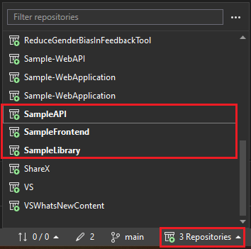 Snímek obrazovky znázorňující, jak můžete aktivovat více úložišť ze složky v sadě Visual Studio