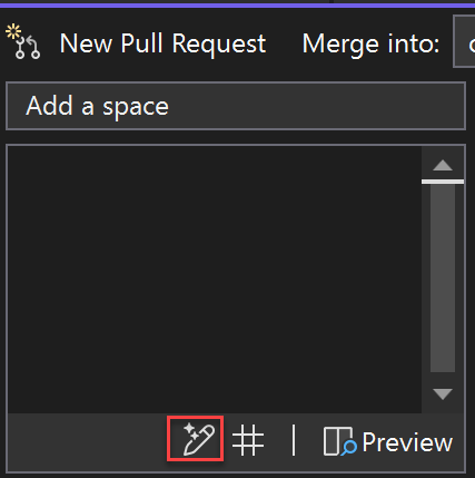 Snímek obrazovky s ikonou pera sparkly pro vyžádání, aby GitHub Copilot vygeneroval popis žádosti o přijetí změn