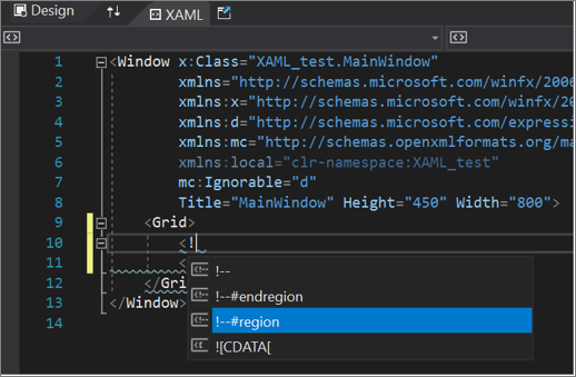 Editor kódu XAML s možnostmi #region zobrazenými v IntelliSense