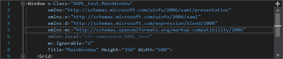 Editor kódu XAML, pouze prostřední podokno v sadě Visual Studio