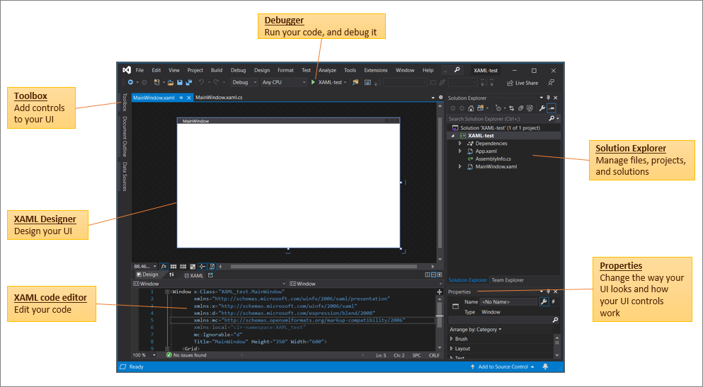 Integrované vývojové prostředí (IDE) sady Visual Studio 2019 s otevřeným projektem WPF v XAML